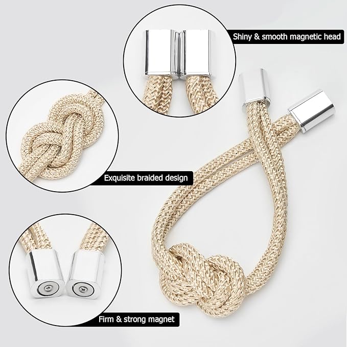 NICEEC 2 Pack Mini Magnetic Curtain Tiebacks Nordic Simple Style Drape Tie Backs Elegant Hand Weave Rope Knot Decorative Curtain Holdbacks for Home & Office Thin Window Drapery (Beige)