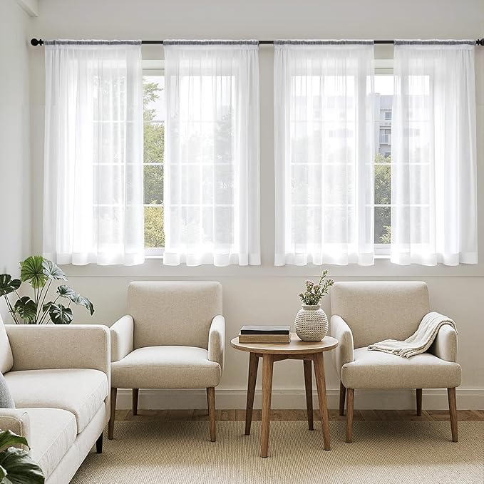 MIULEE Short Sheer Curtains 54 Inches Long, 4 Panels Set, Light Filtering Rod Pocket Curtains for Kitchen/Bathroom Small Windows, 42W x 54 Inches, White