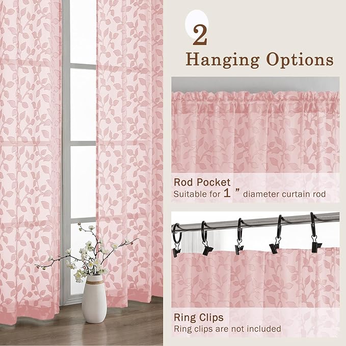 Chyhomenyc Blush Pink Sheer Curtains 96 Inch Length 2 Panels Set, Light Filtering Tufted Textured Soft Airy Rod Pocket Gentle Leaf Window Treatment Drapes for Bedroom Living Room, 42" Wx96 L, 2PCS