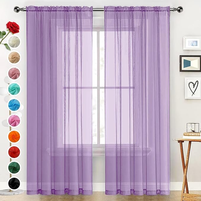 SpaceDresser Sheer Voile Window Treatment Rod Pocket Curtain Panels for Kitchen Bedroom Living Room Drapes Sunlight Filtering Privacy Semi Home Decor Assorted (Lavender, 52 W x 72 L)