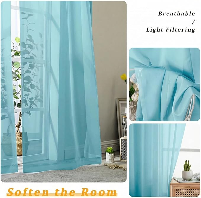 Gwine Sheer Curtains for Bedroom 54 inches Long - Light Filtering Voile Window Curtain Panels, Airy Transparent Rod Pocket Sheer Drapes for Living Room, Each 42Wx54L, 2 Panels, Aqua