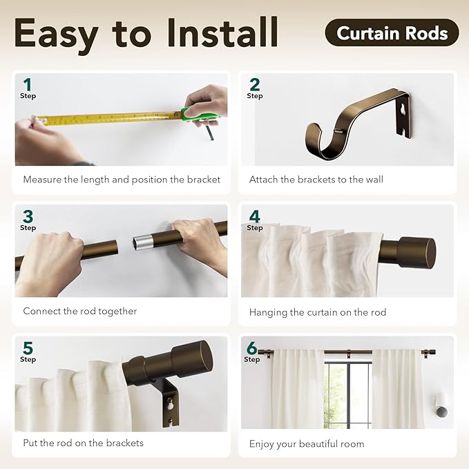 IFELS Heavy Duty Curtain Rods for Windows 48 to 84 Inch, 1 Inch Bronze Curtain Rods for Outdoor, Farmhouse, Bedroom, Kitchen, Living Room, Adjustable Easy Install Drapery Rod (A2,Bronze,30"-90")