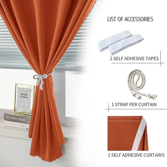 Self Adhesive Curtains Portable Blackout Curtain Simple and Easy to Install Bedroom Window Thermal Lnsulated Kitchen Room Darkening Black Small Drapes, 59" W X 96" L, Orange, 1 Panel