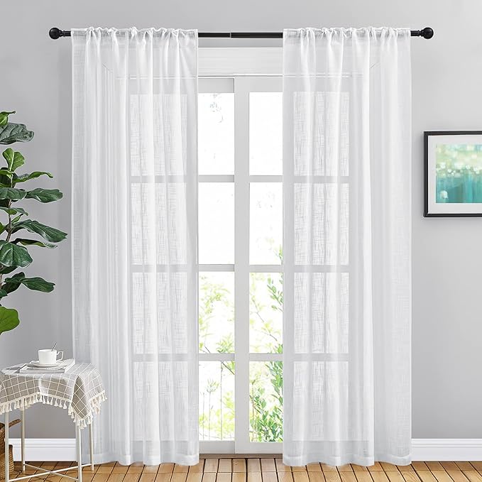 NICETOWN White Curtains 84 inches Long for Living Room, Rod Pocket & Back Tab Semi Sheer Linen Curtains Vertical Drapes Privacy with Light Through for Hall/Villa, 42" W x 84" L, 2 Panels