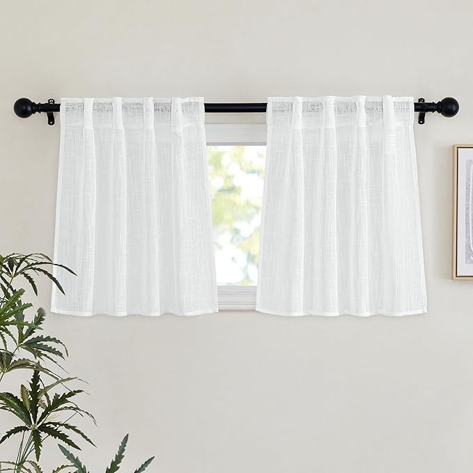 NICETOWN Semi Sheer Short Curtains for Kitchen 24 inches Long, Rod Pockets & Back Tab Linen Blend Privacy with Light Filtering Small Window Treatments for Nursery/Cafe, W29 x L24, 2 Panels, White