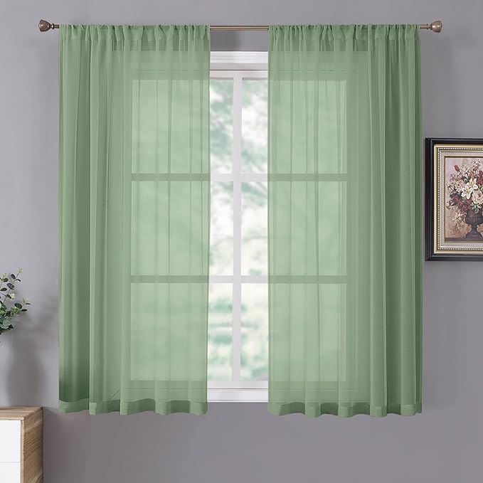 Tollpiz Short Sheer Curtain Linen Textured Living Room Curtains Sheer Light Filtering Rod Pocket Voile Curtain for Bedroom, 42 x 54 inches Long, Sage Green, Set of 2 Panels