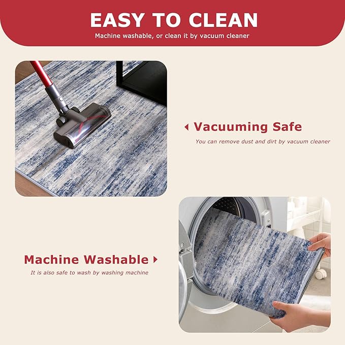 KOZYFLY Modern Abstract Hallway Runner, 2x12 Washable Rug Runner Non-Slip Soft Striped Kitchen Runner Rug, Grey Blue Print Carpet for Entryway Bathroom Laundry Room Foyer