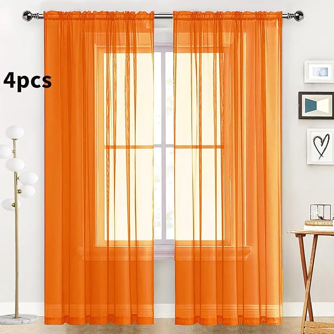 SpaceDresser Orange Sheer Curtains 4 Panels Rod Pocket Semi-Sheer Curtain 108 Inches Long Light Filtering Voile Window Drapes for Bedroom Living Room Kitchen, Each 52W x 108L
