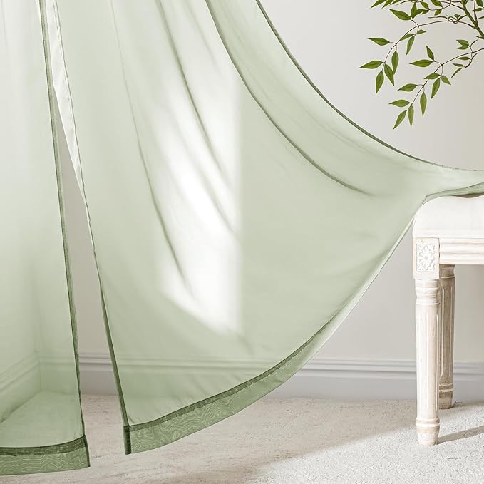 MIULEE Sage Green Sheer Curtains 96 Inches Long, 4 Panels Set, Light Filtering Rod Pocket Voile Drapes Window Treatments, Semi Transparent Airy Fabric for Bedroom and Living Room, 54 x 96 Inches