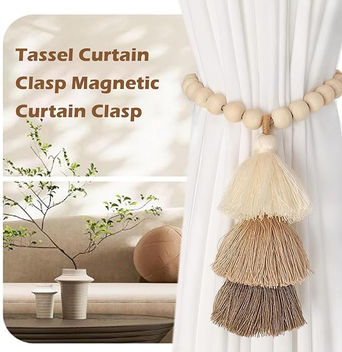 SRG Handmade Magnetic Wooden Bead Curtain Tiebacks 2 PCS | Simple Elegant Magnetic Tassel Curtain Tie Backs | Accessories Wall Decoration | Drapery Tiebacks for Bedroom Window Treatment