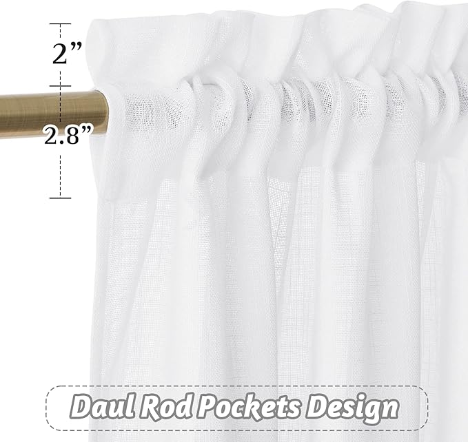 RYB HOME Semi Sheer Curtain Valance Window Topper, Textured Linen Sheer Kitchen Curtain Tier Swag Set, Privacy Half Window Valance for Bedroom Living Room Bathroom, W 36 x L 63, 2 Panels, White