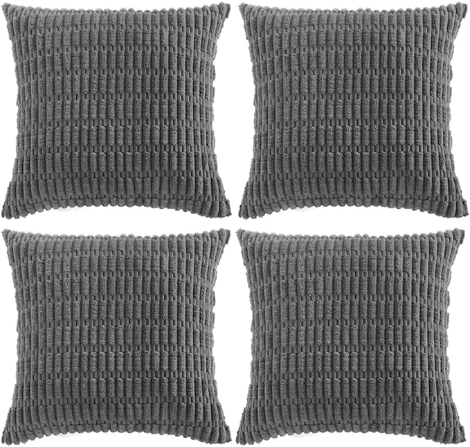 Fancy Homi 4 Packs Dark Grey Decorative Throw Pillow Covers 24x24 Inch for Couch Bed, Rustic Modern Farmhouse Boho Home Decor, Soft Plush Corduroy Gray Cute Square Accent Cushion Case 60x60 cm
