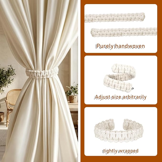 Ptwola 4 Pack Braided Curtain Tiebacks Boho Elegant Rustic Curtain Holdbacks Tie Backs Holders Set Simple Light Weight Drapes Decorative Accessories Handmade for Home Office Bedroom Window
