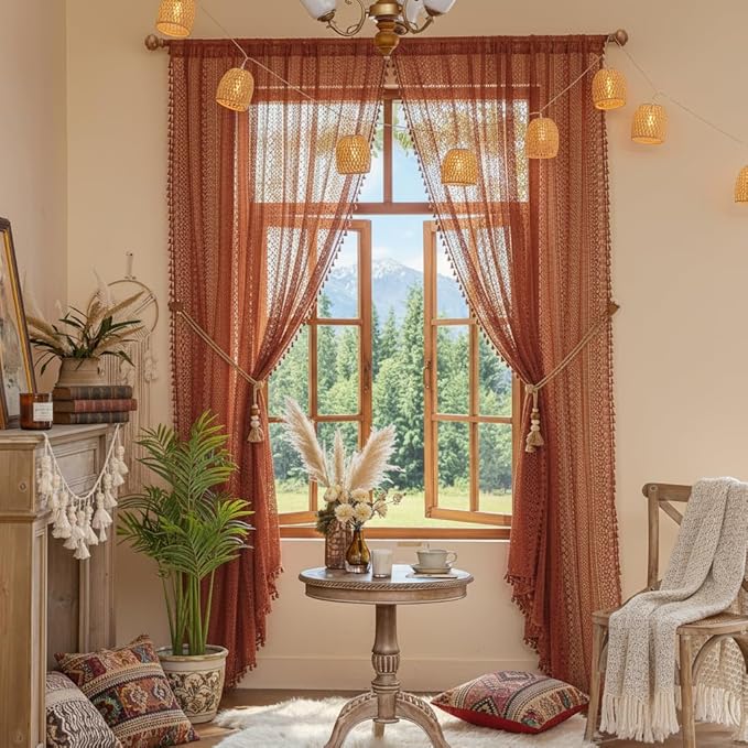 WAZZIO Boho Lace Curtains 84 Inches 2 Panel,Light Filtering Privacy Tassel & Geometry Crochet Semi Sheer Curtain Drapes for Bedroom Living Dining Room,Rod Pocket & Tassel,Full Decor,Burnt Orange