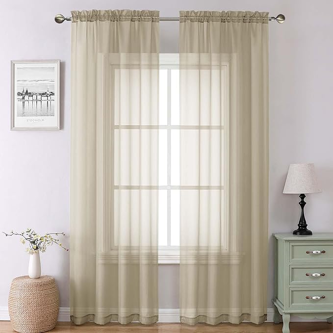 Lecloud Taupe Sheer Curtains 90 Inches Long 2 Panels, Elegant Light Filtering Voile Breathable Curtains, Solid Window Treatments with Dual Rod Pocket for Dining Room Bedroom, Each 42" W x 90" L