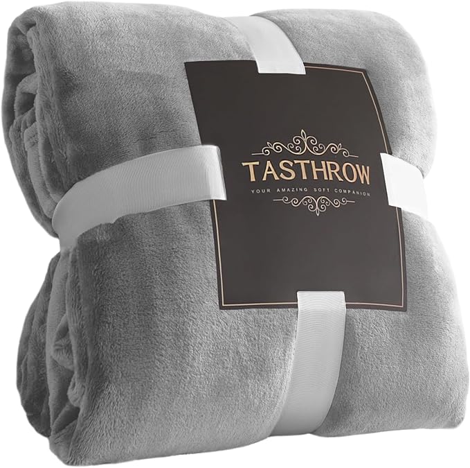 TASTHROW Large Flannel Fleece Throw Blanket, 50×70 Inch - Cozy Lightweight Thick Blanket - All Seasons Suitable for Women, Men and Kids (Light Grey)