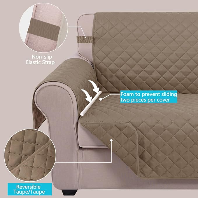 U-NICE HOME Loveseat Sofa Cover Reversible Couch Cover for Dogs with Elastic Straps Water Resistant Furniture Protector for Pets Couch Cover for 2 Cushion Couch (Loveseat, Taupe/Taupe)
