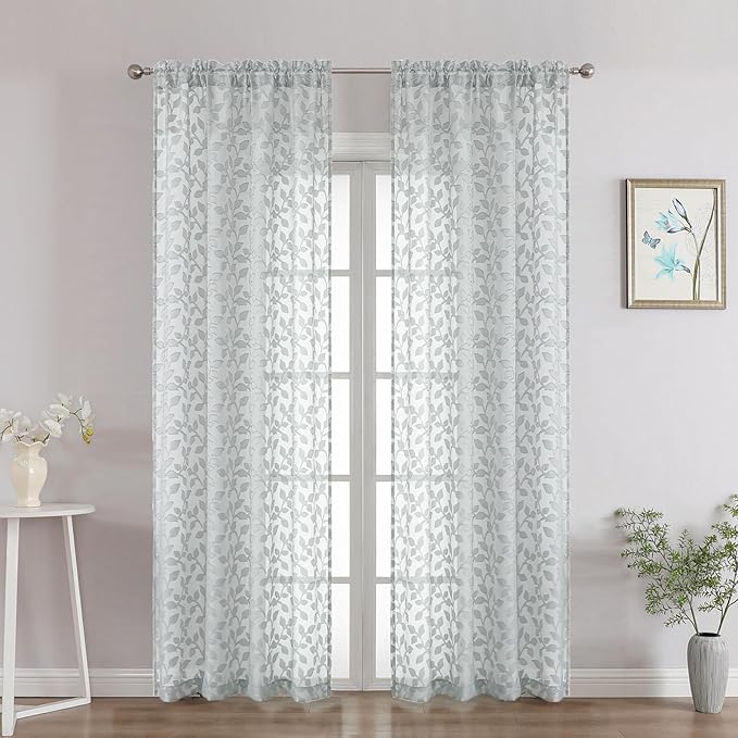 Chyhomenyc Light Grey Sheer Curtains 84 Inch Length 2 Panels Set, Light Filtering Tufted Textured Soft Airy Rod Pocket Gentle Leaf Window Treatment Drapes for Bedroom Living Room, 42" Wx84 L, 2PCS