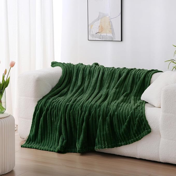 Dark Green Fleece Throw Blanket 50”×70” for Couch Sofa Bed,Super Soft Cozy Plush Microfiber Flannel Blanket with Stripes Design Lightweight for Adults,Woman,Girls