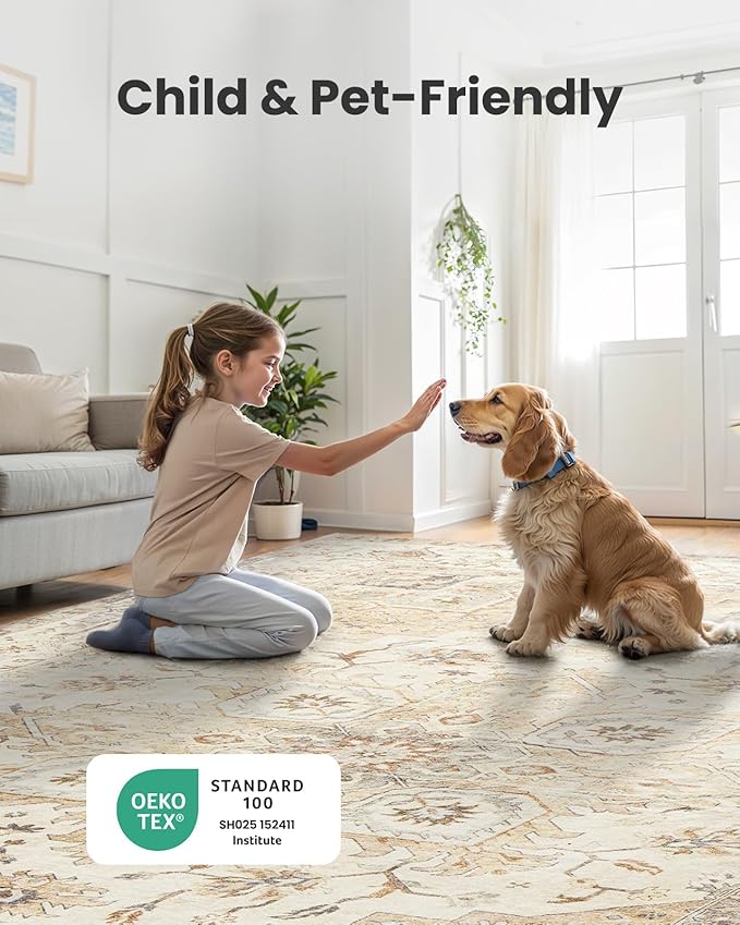 AMADA HOMEFURNISHING Round 5ft Area Rugs, Low-Profile Washable Rug with Non-Slip Backing & Durable Edge Binding, Vintage Rugs for Living Room, Bedroom, Dinning Room