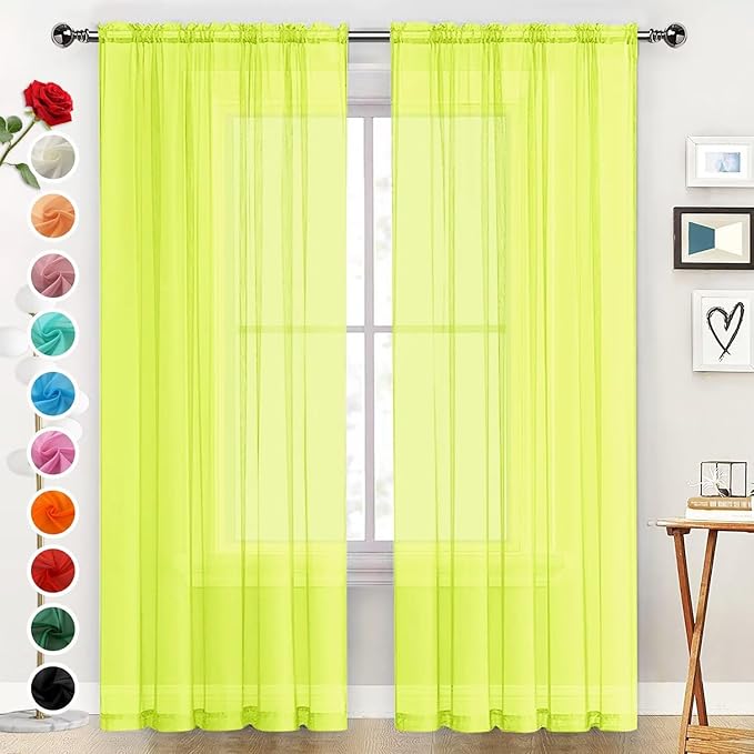 SpaceDresser Basic Rod Pocket Sheer Voile Window Curtain Panels Chartreuse 1 Pair 2 Panels 52 Width 96 Inch Long for Kitchen Bedroom Children Living Room Yard（Chartreuse, 52W x 96L）