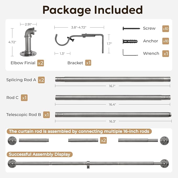 Zeerobee Curtain Rods for Windows 32 to 72, 1 Inch Industrial Wrap Around Grey Curtain Rod, Indoor/Outdoor Room Divider Adjustable Drapery Pole, 32"-72"