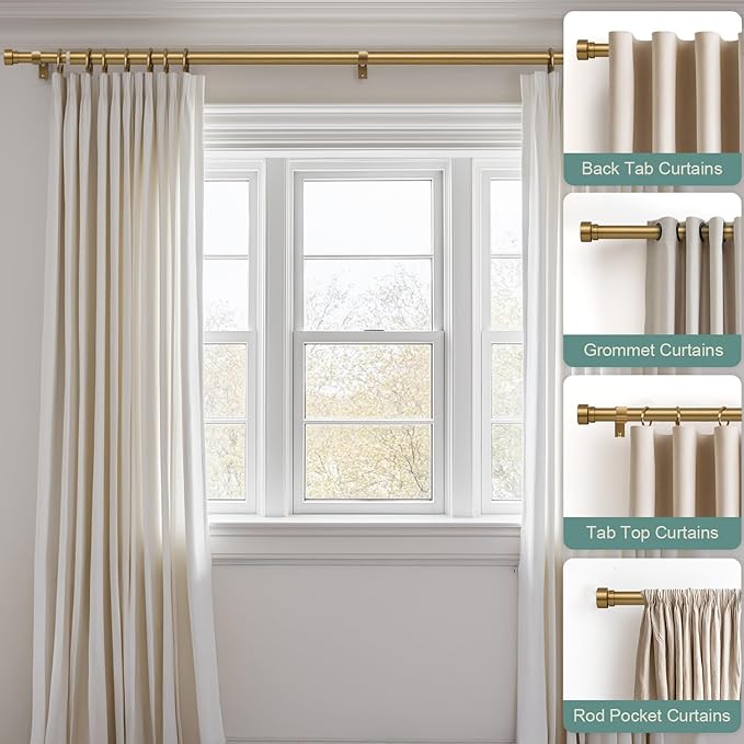 Lootkell 2 Pack Brass Gold Curtain Rods Set for Windows 66 to 120 Heavy Duty 1" Diameter Adjustable Window Single Rods with Solid Metal Finials for Bedroom Living Room Kitchen Farmhouse