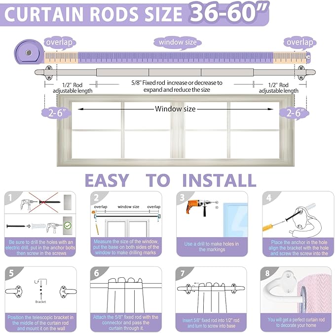 TVWOO White Wrap Around Curtain Rods:5/8" Small Blackout Adjustable Window Curtain Rod for Bedroom Kitchen Apartment Renter Friendly,Room Darkening Curved Drapery Rods Easy Install,Pure White 28-60"
