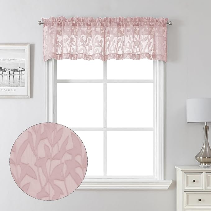 Lecloud Leia Jacquard Textured Blush Pink Curtains Sheer Valances for Windows 14 Inch Length 2 PCS, Dual Rod Pockets Window Living Room Curtain Valance, Clip Leaf Bedroom Kitchen Drapes, 38W x 14L