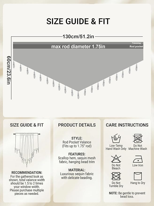 Molaxhome Swag Curtain 51 inch Length Rod Pocket Scalloped Curtain Valance Sheer Lace Panels with Hanging Crystal Beads for Kitchen Bedroom Window Treatments Drape Decor 1pc (Sequin Silver, 51Wx23L)