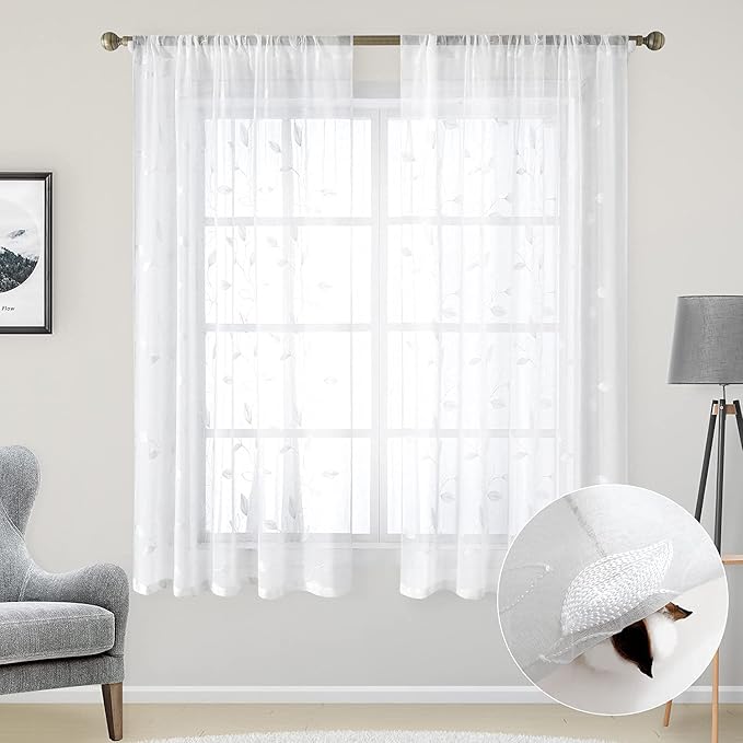 HOMEIDEAS White Sheer Curtains 52 X 63 Inches Length 2 Panels Embroidered Leaf Pattern Pocket Faux Linen Floral Semi Sheer Voile Window Curtains/Drapes for Bedroom Living Room