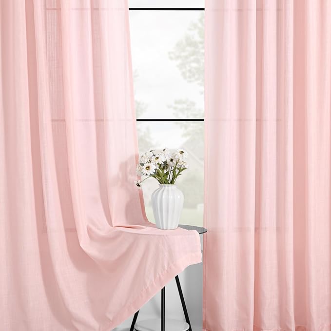 Pink Linen Curtains 90 Inch Long Back Tab Rod Pocket Window Treatment Curtain Panels for Girls Bedroom Semi Sheer Light Filtering Farmhouse Rustic Boho Elegant Drapes 52 x 90 Inch