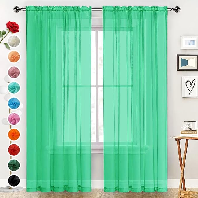 SpaceDresser Basic Rod Pocket Sheer Voile Window Curtain Panels Grass Green 1 Pair 2 Panels 52 Width 45 Inch Long for Kitchen Bedroom Children Living Room Yard（Grass Green, 52W x 45L）
