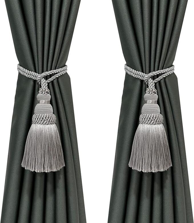 Fenghuangwu 2 Pack Curtain Tie Backs Rope Tassels for Curtains Drape tiebacks Handmade Outdoor Home and Outdoor Decorative (Silver, 2p)
