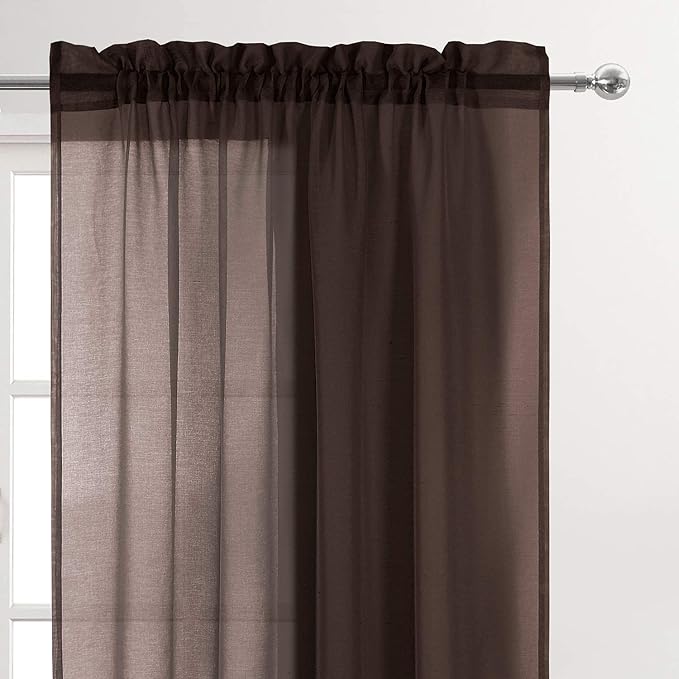 DWCN Brown Sheer Curtains for Kitchen Windows - Rod Pocket Semi Transparent Voile Tier Curtains for Bedroom, Living Room, Farmhouse, 36 x 36 inches Long, Set of 2 Panels