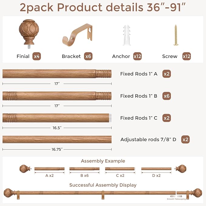 Wood Curtain Rods for Windows 48 to 84 Inch, Boho Vintage Decorative 1 Inch Adjustable Heavy Duty Curtain Rod, Rustic Farmhouse Drapery Pole with Netted Imitation Wood Grain Finials