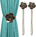 Lewondr Magnetic Curtain Tiebacks, Vintage Curtain Holdbacks, Resin Flower Curtain Ties with Rope Drapery Retro Window Curtain Decorative Buckle Holder for Outdoor, Home, and Cafe Balcony - Bronze