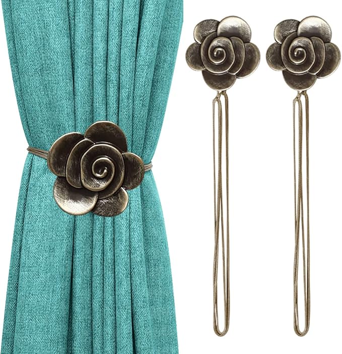 Lewondr Magnetic Curtain Tiebacks, Vintage Curtain Holdbacks, Resin Flower Curtain Ties with Rope Drapery Retro Window Curtain Decorative Buckle Holder for Outdoor, Home, and Cafe Balcony - Bronze