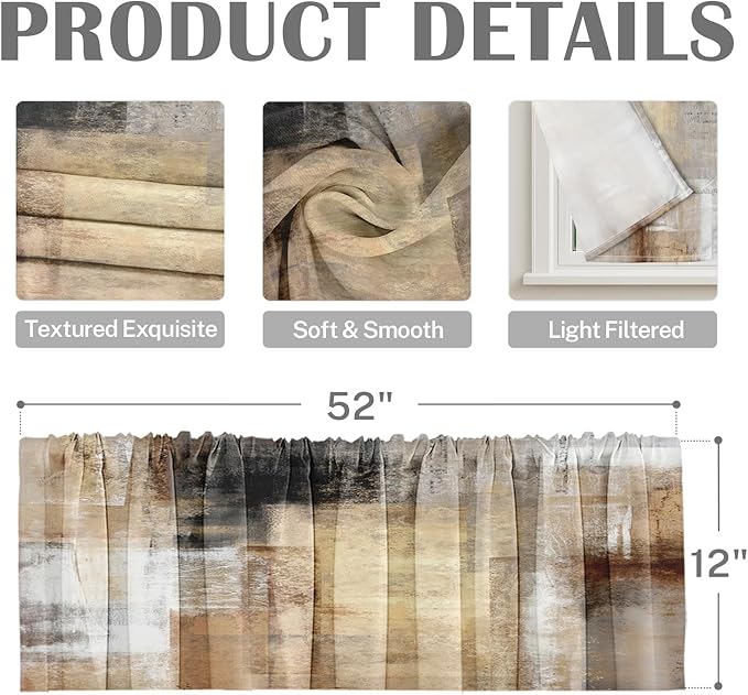 Emvency 4 Pack Valances Window Treatments, Brown Abstract Modern Art Blackout Adjustable for Living Room Bathroom Bedroom Kitchen Over Sink, 52x12 Inch Rod Pocket Valances