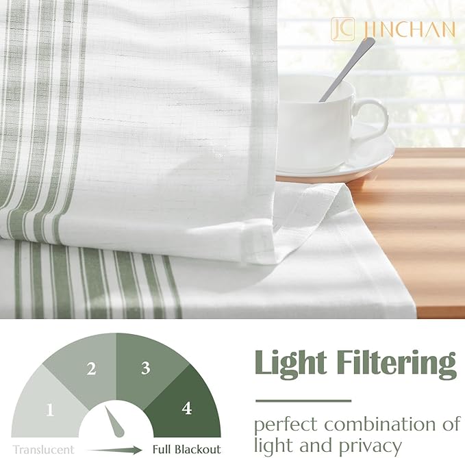jinchan Striped Linen Valance Curtain 16 Inch Vertical Striped Valance for Kitchen Bathroom Light Filtering Window Treatment Rod Pocket Farmhouse Rustic Semi Sheer Short Window Curtain 1 Panel Green