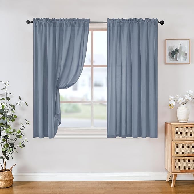 HOMEIDEAS Non-See-Through Stone Blue Privacy Sheer Curtains, 52 X 54 Inches Long 2 Panels Sheer Curtains Light Filtering Window Drapes for Bedroom Living Room