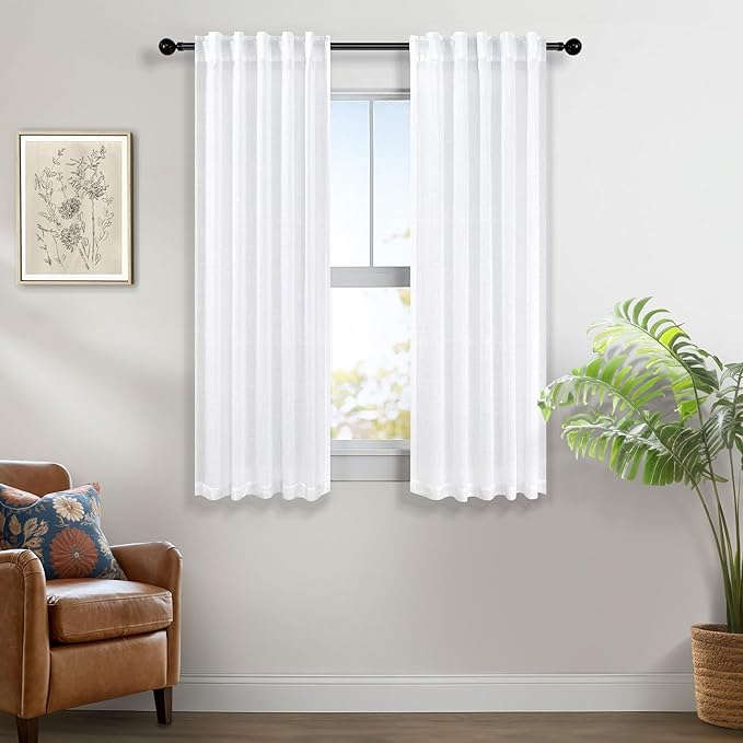 Pitalk White Curtains 38 Inch Width for Kitchen Windows 2 Panel Back Tab Rod Pocket Linen Cafe Tier Light Filtering Short Sheer Curtains for Bathroom Laundry Basement Farmhouse Decor Wide 38x45 Length