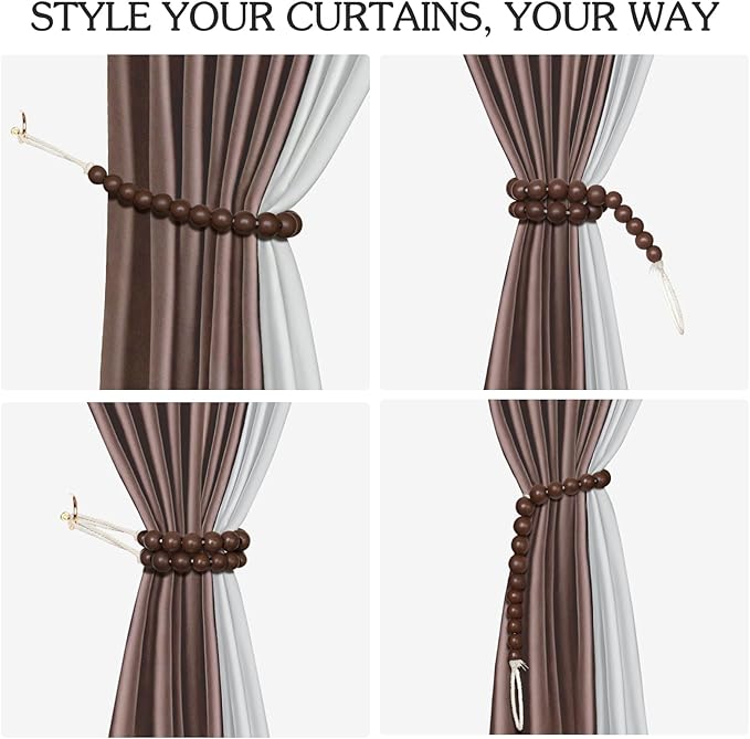 Hion 4 Pcs Boho Curtain Tiebacks,Wood Beads Curtain Holdbacks,Outdoor Farmhouse Tie Backs for Curtains,Curtain Holders for Drapes Home Office Room Decor with Hooks(Coffee)