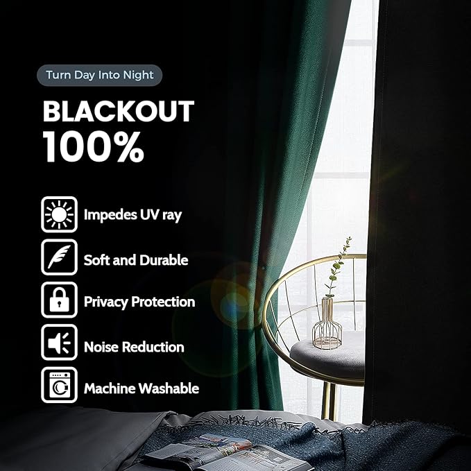 SimpleHome 100% Blackout Curtains for Bedroom,Thermal Insulated Dark Green Grommet Window Drapes Room Darkening Curtains for Living Room with Black Back,52 x 45 Inch,2 Panels