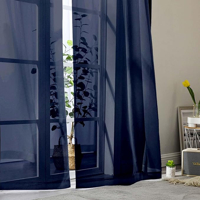 Navy Blue Sheer Curtains for Bedroom Living Room 96 Inches Long 2 Panels, Modern Airy Soft Lightweight Rod Pocket Light Filtering Sheer Curtains Drapes, Navy Blue, Each 42" Wx96 L Inch