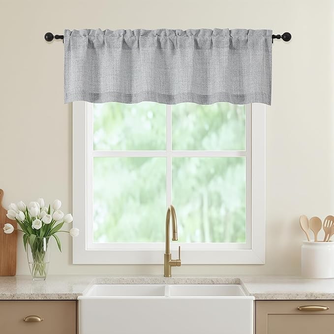 Grey Valances for Windows, Light Filtering Faux Linen Textured Small Short Window Curtain for Bathroom Basement Farmhouse, Rod Pocket Top Half Curtains for Windows, 60Wx14L Inch