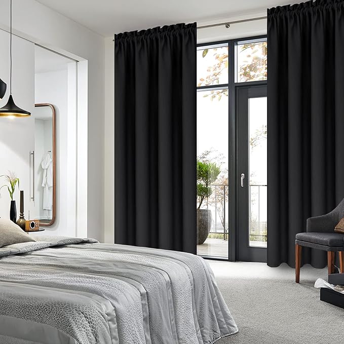 DWCN Blackout Curtains Thermal Insulated Energy Saving Bedroom and Kitchen Curtains Window Treatments, W 38 x L 45 Inch, Set of 2 Black Rod Pocket Drapes