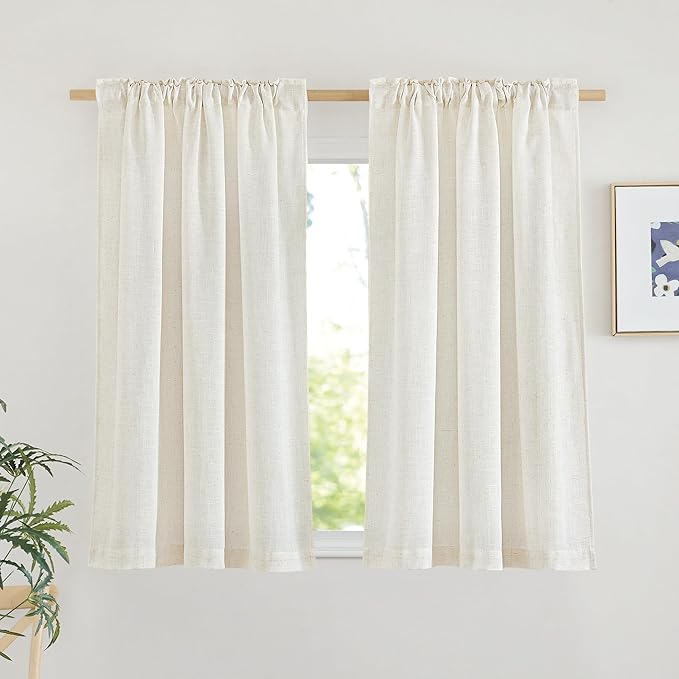 NICETOWN Linen Curtains 48 inches Long, Rod Pocket & Back Tab Flax Linen Weave Window Treatments Privacy with Light Filtering for Bedroom/Farmhouse, Natural, W42 x L48, 2 Panels
