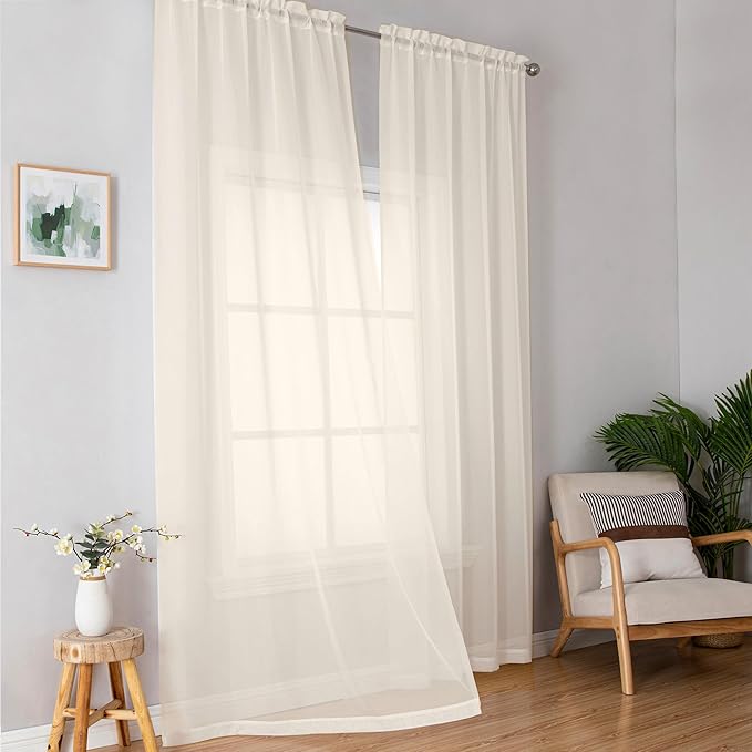 Simplebrand Cream Sheer Curtains 96 Inches Long, Light Filtering Rod Pocket Solid Color Window Sheer Curtain Panels, Elegant Curtains & Drapes for Living Room, Bedroom 2 Panels, 59" W x 96" L