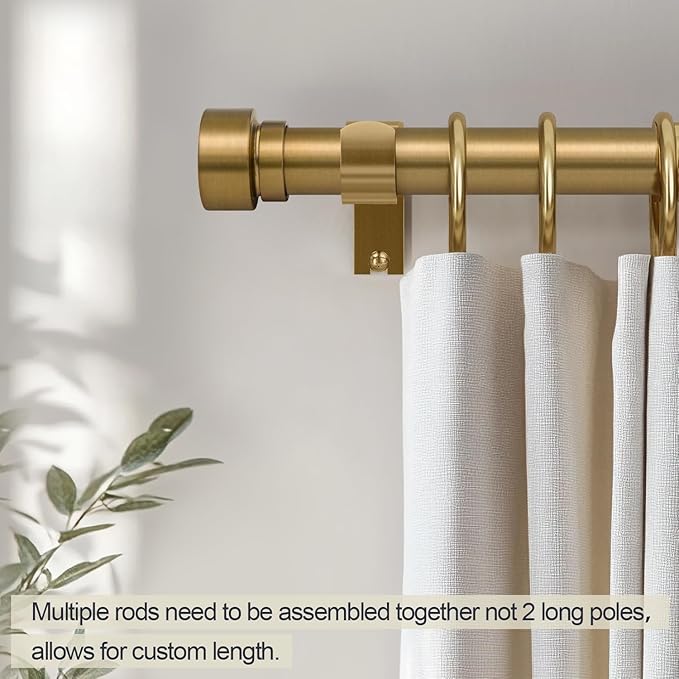Lootkell Warm Gold Curtain Rods for Windows 48 to 84 Inches Adjustable Length Heavy Duty 1" Diameter Brass Window Curtain Rod with Solid Metal Finials for Outdoor Farmhouse Bedroom Kitchen Living Room